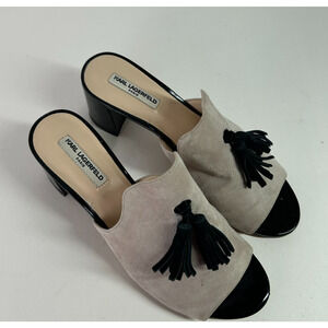 Karl Lagerfeld Paris Hettie Mules Heels Taupe suede & Tassels Peep Toe Women's 7